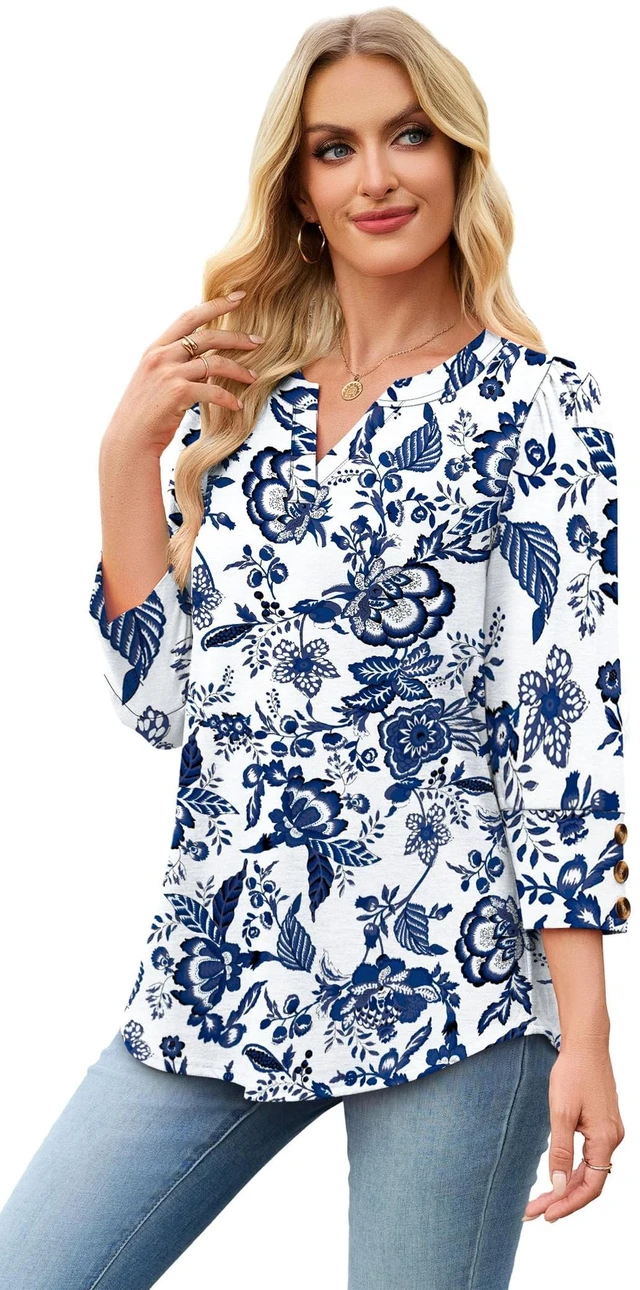 Alt view image 5 of 6 - Boho Tops for Women 3/4 Length Sleeve Womens Tops Blouses Dressy Casual Early Fall Fashion 2026 Spring Outfits for Teachers Plus Size Summer Women's Clothing Trendy Fall Clothes Blue Floral 2XL