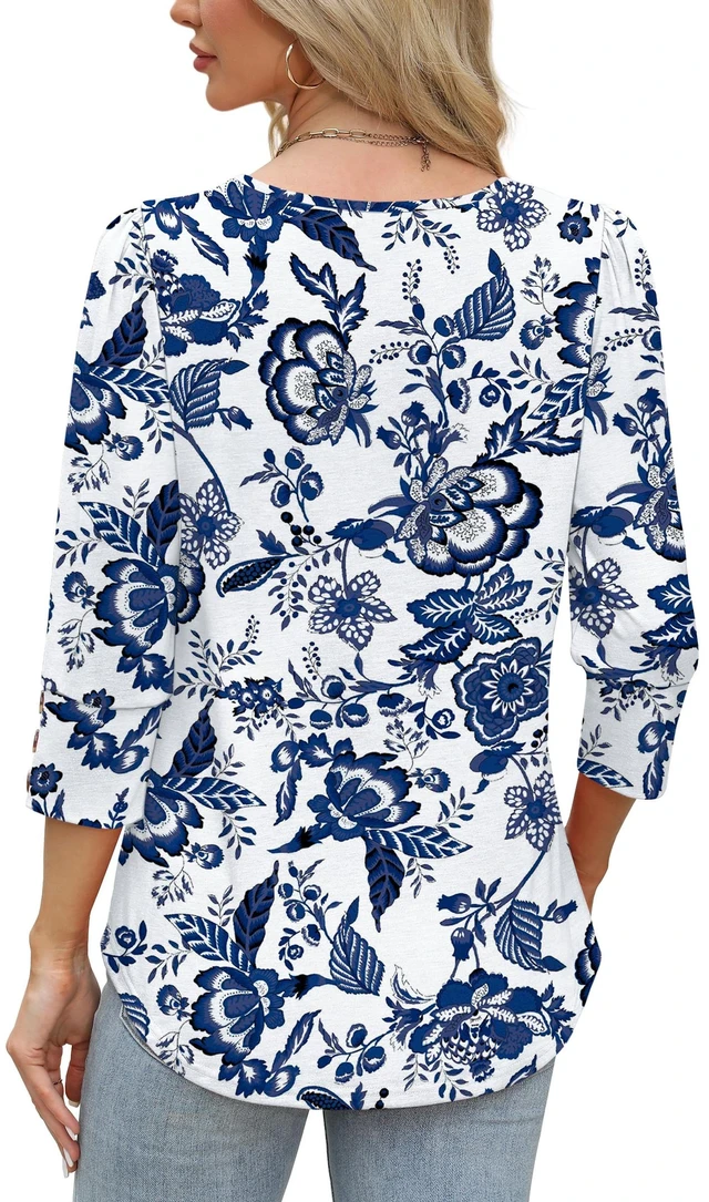 Alt view image 6 of 6 - Boho Tops for Women 3/4 Length Sleeve Womens Tops Blouses Dressy Casual Early Fall Fashion 2026 Spring Outfits for Teachers Plus Size Summer Women's Clothing Trendy Fall Clothes Blue Floral 2XL