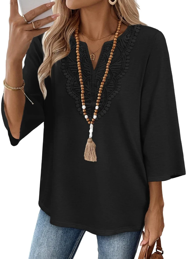 Main image of WIHOLL Teacher Shirts Women Clothing Fashion Clothing Womens Tops Blouses for Women Dressy Casual 3/4 Sleeve T Business Casual Outfits Spring Boho Tops Black 2026 Travel L