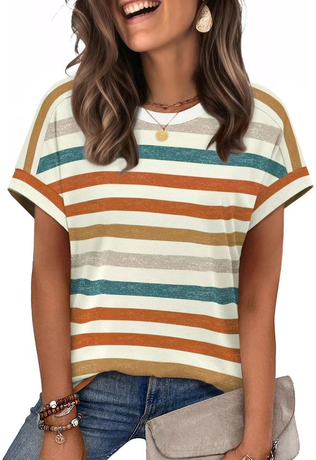 Main image of WIHOLL Womens Tops Summer Outfits 2026 Teacher Fall Clothes Boho Vacation Travel Cruise Essentials Fashion Trendy Short Sleeve T Shirts Clothing Orange Stripes L