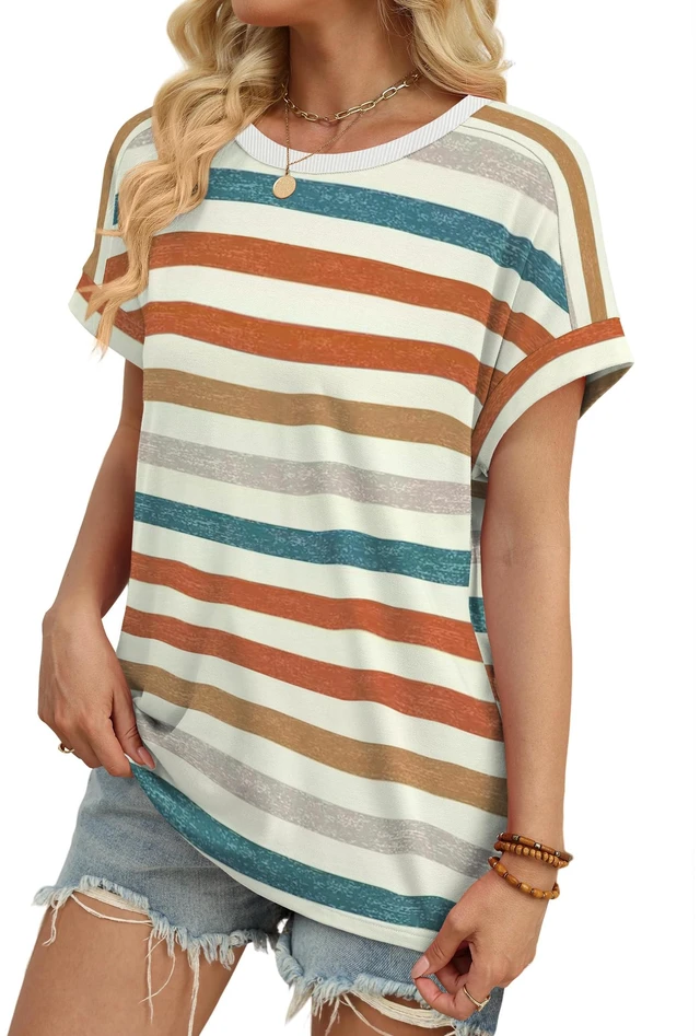 Alt view image 3 of 5 - WIHOLL Womens Tops Summer Outfits 2026 Teacher Fall Clothes Boho Vacation Travel Cruise Essentials Fashion Trendy Short Sleeve T Shirts Clothing Orange Stripes L