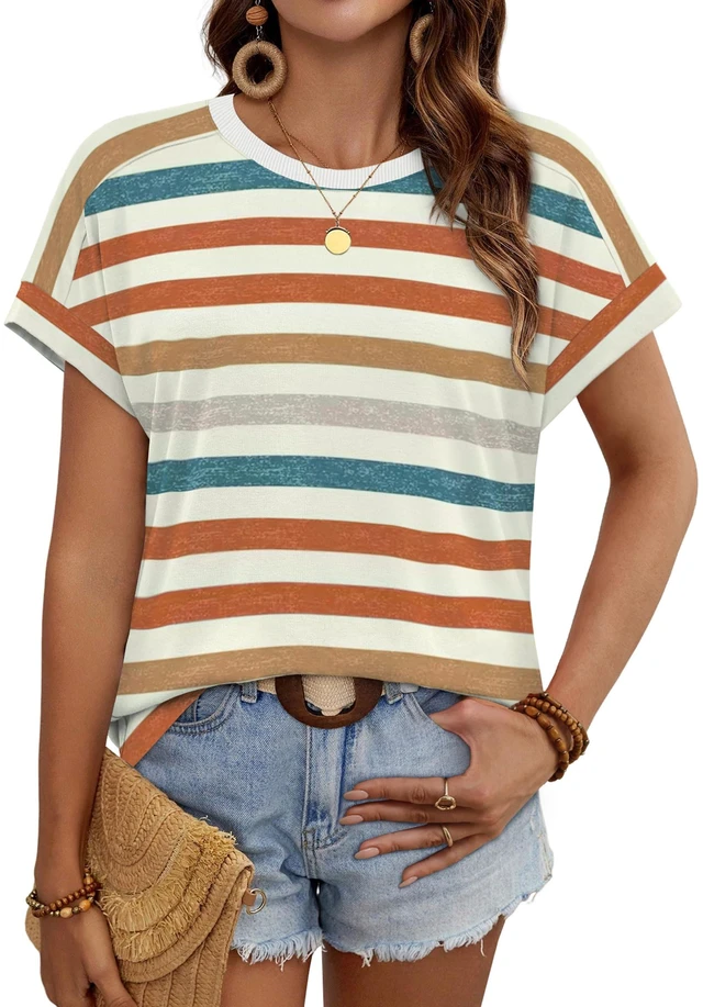 Alt view image 2 of 5 - WIHOLL Womens Tops Summer Outfits 2026 Teacher Fall Clothes Boho Vacation Travel Cruise Essentials Fashion Trendy Short Sleeve T Shirts Clothing Orange Stripes L