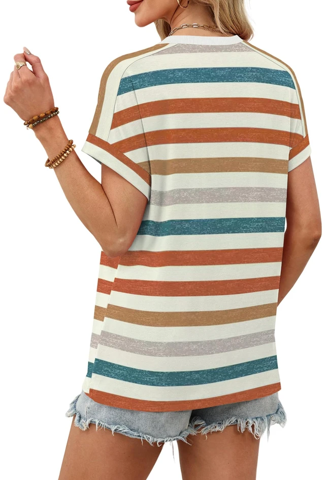 Alt view image 5 of 5 - WIHOLL Womens Tops Summer Outfits 2026 Teacher Fall Clothes Boho Vacation Travel Cruise Essentials Fashion Trendy Short Sleeve T Shirts Clothing Orange Stripes L