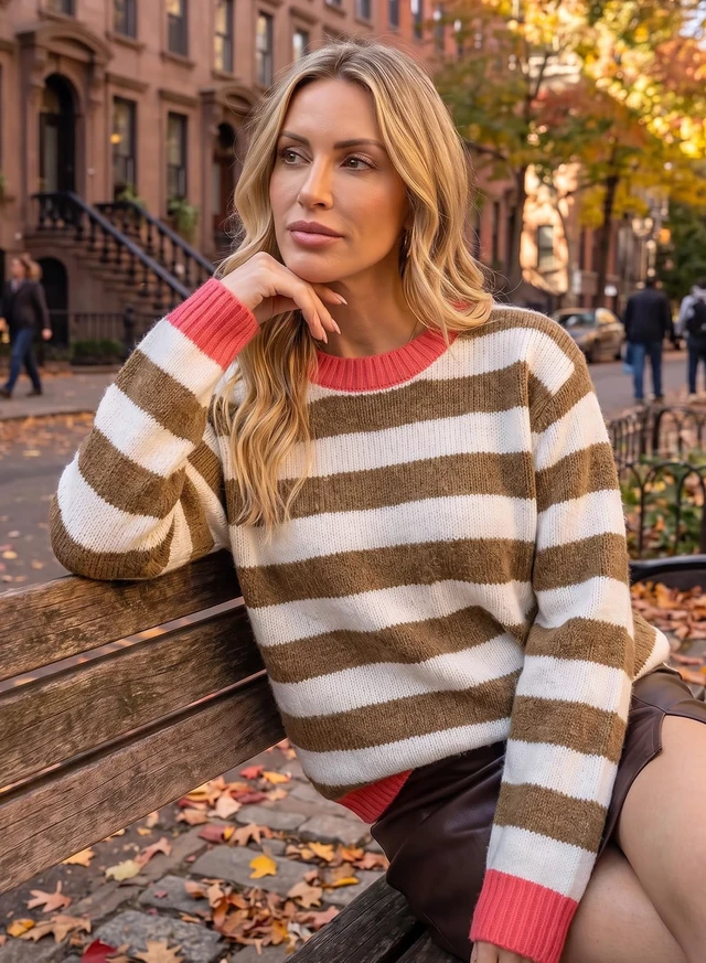 Alt view image 5 of 6 - Dokotoo Womens Striped Sweaters 2026 Color Block Knit Tops Khaki S | Cozy Knit, Work Office Pullover,Crewneck,Teacher Clothing,Old Money Clothes,Cute Tops,Fall Outfits