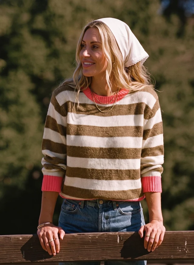 Alt view image 3 of 6 - Dokotoo Womens Striped Sweaters 2026 Color Block Knit Tops Khaki S | Cozy Knit, Work Office Pullover,Crewneck,Teacher Clothing,Old Money Clothes,Cute Tops,Fall Outfits
