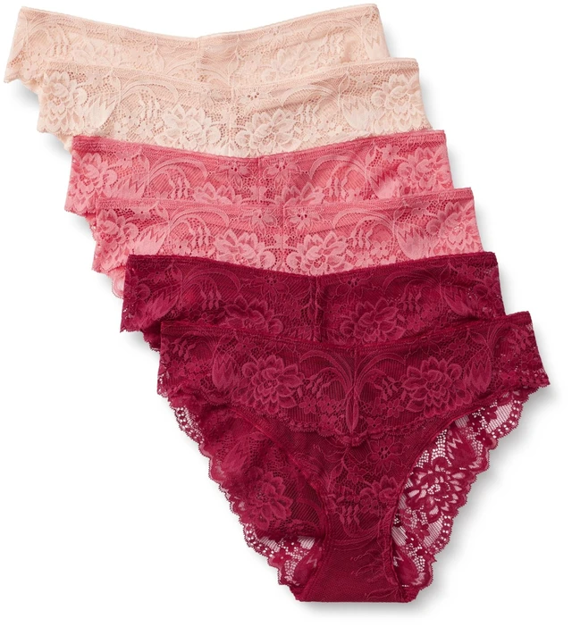 Main image of Amazon Essentials Women's Stretch Galloon Lace Knickers, Bikini, Hipster, Thong & High Waisted Styles, Pack of 6, Soft Petal / Burgundy / Rose, Small