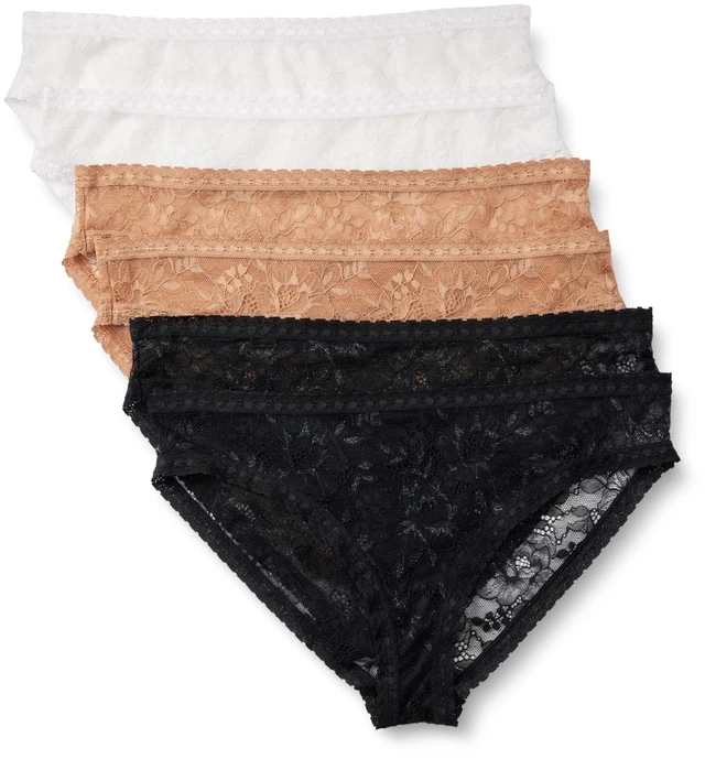 Main image of Amazon Essentials Women's Stretch All Over Lace Thong Panties, Pack of 6, Black / White / Washed Bronze, Large