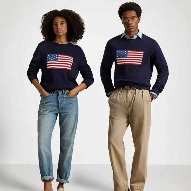 Alt view image 2 of 7 - Classic white and navy blue knitted pullover women's sweater, men's turtleneck, boys' RL bear-style jacket, American flag design