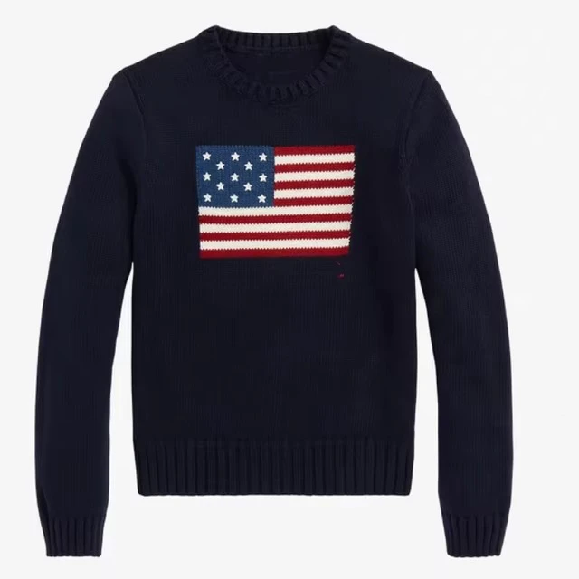 Alt view image 3 of 7 - Classic white and navy blue knitted pullover women's sweater, men's turtleneck, boys' RL bear-style jacket, American flag design