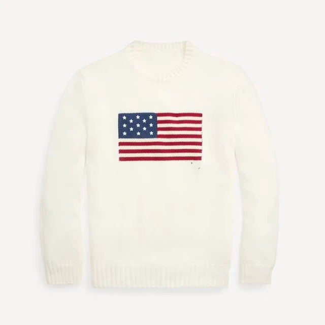 Alt view image 6 of 7 - Classic white and navy blue knitted pullover women's sweater, men's turtleneck, boys' RL bear-style jacket, American flag design