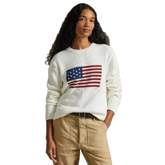 Alt view image 4 of 7 - Classic white and navy blue knitted pullover women's sweater, men's turtleneck, boys' RL bear-style jacket, American flag design