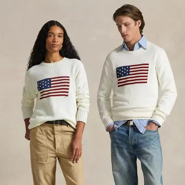 Alt view image 7 of 7 - Classic white and navy blue knitted pullover women's sweater, men's turtleneck, boys' RL bear-style jacket, American flag design