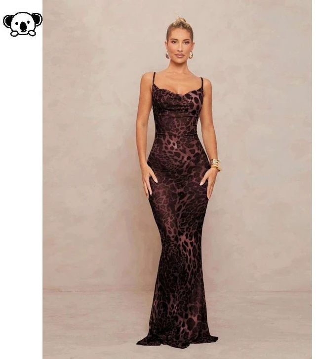 Main image of Leopard Back Tie Long Dress - A long dress with a leopard print and a back tie detail. Redwood L