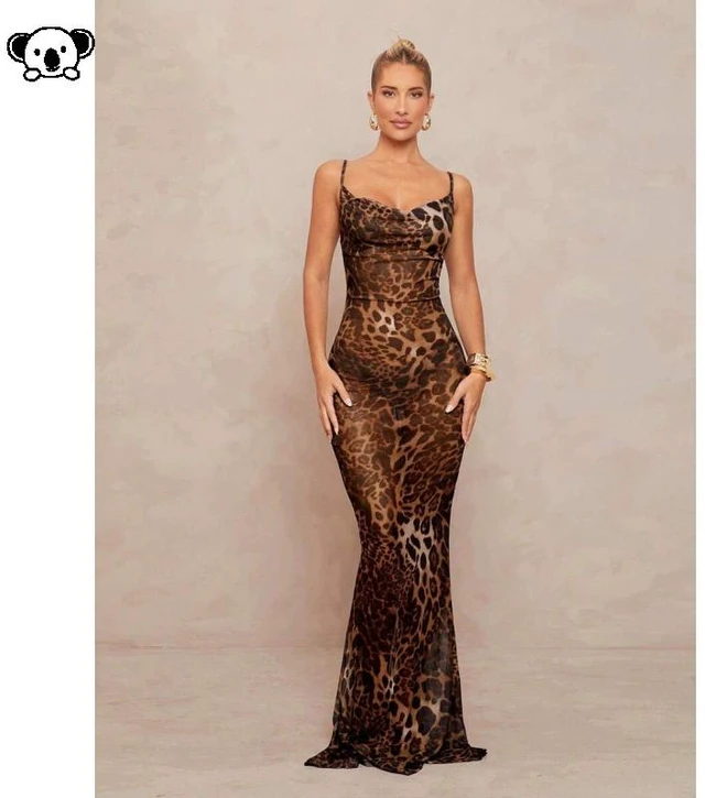 Main image of Leopard Back Tie Long Dress - A long dress with a leopard print and a back tie detail. Coffee Brown S