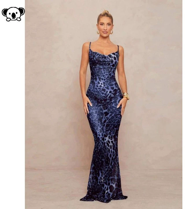 Main image of Leopard Back Tie Long Dress - A long dress with a leopard print and a back tie detail. Navy Blue L
