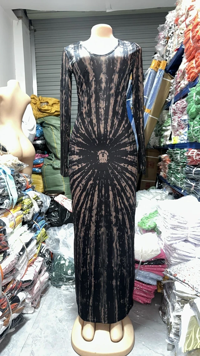 Main image of Wish's new autumn fashion printed V-neck lace-up long-sleeved fitted dress black XL