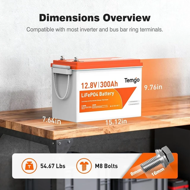 Alt view image 2 of 6 - TEMGO 12V 300Ah LiFePO4 Lithium Battery, 3840Wh Deep Cycle Battery with 200A BMS, APP Monitoring & Low-Temp Protection for RV, Marine, Camping & Off-Grid
