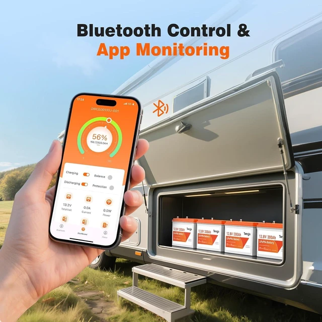 Alt view image 5 of 6 - TEMGO 12V 300Ah LiFePO4 Lithium Battery, 3840Wh Deep Cycle Battery with 200A BMS, APP Monitoring & Low-Temp Protection for RV, Marine, Camping & Off-Grid