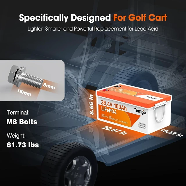 Alt view image 2 of 7 - TEMGO 36V 100Ah Lithium Golf Cart Battery, 38.4V LiFePO4 Deep Cycle Battery with 200A Smart BMS, APP Monitoring, LCD Display & 42.6V 20A Charger