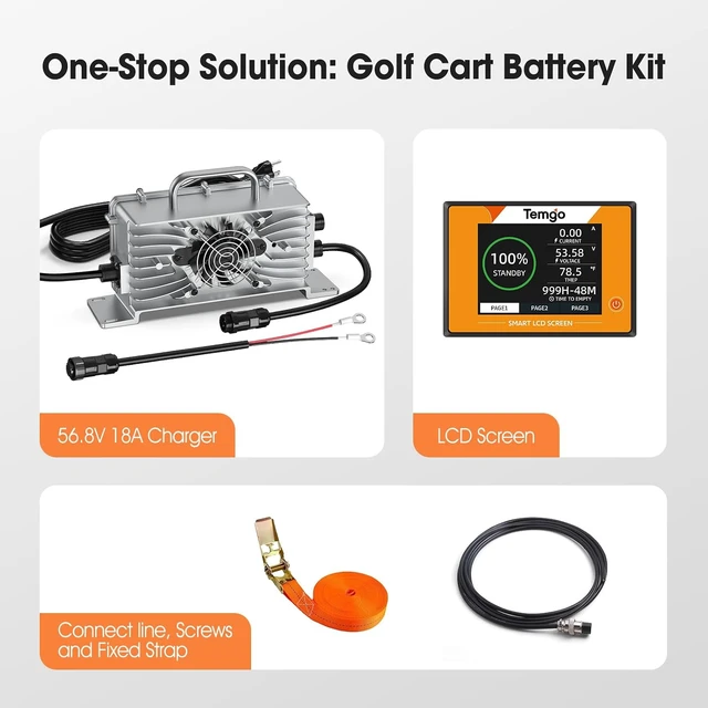 Alt view image 7 of 7 - TEMGO 48V 100Ah Lithium Golf Cart Battery, 51.2V LiFePO4 Deep Cycle Battery with 200A Smart BMS, APP Monitoring, LCD Display, 58.4V 18A Charger
