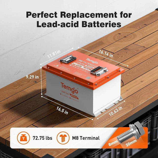 Alt view image 2 of 7 - TEMGO 48V 100Ah LiFePO4 Golf Cart Lithium Battery, 51.2V Deep Cycle, 200A Smart BMS, APP, LCD Display, 58.4V 18A Charger