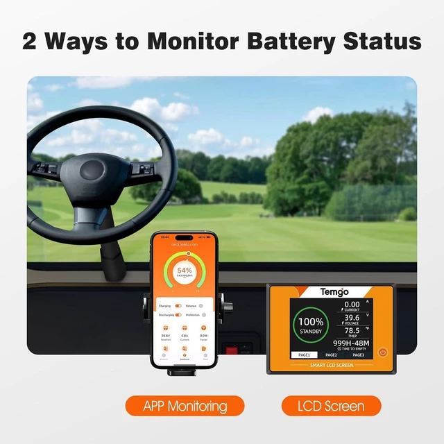 Alt view image 6 of 7 - TEMGO 48V 100Ah LiFePO4 Golf Cart Lithium Battery, 51.2V Deep Cycle, 200A Smart BMS, APP, LCD Display, 58.4V 18A Charger