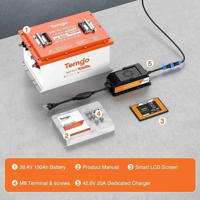 Alt view image 4 of 7 - TEMGO 48V 100Ah LiFePO4 Golf Cart Lithium Battery, 51.2V Deep Cycle, 200A Smart BMS, APP, LCD Display, 58.4V 18A Charger