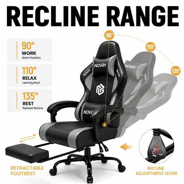 Alt view image 5 of 7 - Gaming Chair for Adults with Footrest,Upgraded Ergonomic Chair,Arctic Black 21-Inch Wide Seat, 330 lb Heavy Duty Load Capacity, Headrest, Adjustable Height, Reclining Backrest for Office or Gaming