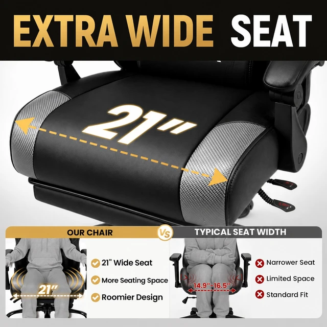 Alt view image 2 of 7 - Gaming Chair for Adults with Footrest,Upgraded Ergonomic Chair,Arctic Black 21-Inch Wide Seat, 330 lb Heavy Duty Load Capacity, Headrest, Adjustable Height, Reclining Backrest for Office or Gaming