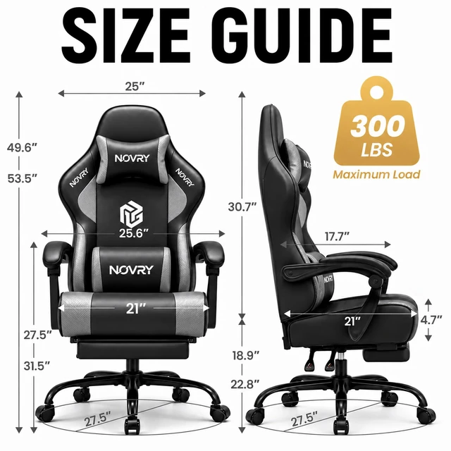 Alt view image 7 of 7 - Gaming Chair for Adults with Footrest,Upgraded Ergonomic Chair,Arctic Black 21-Inch Wide Seat, 330 lb Heavy Duty Load Capacity, Headrest, Adjustable Height, Reclining Backrest for Office or Gaming