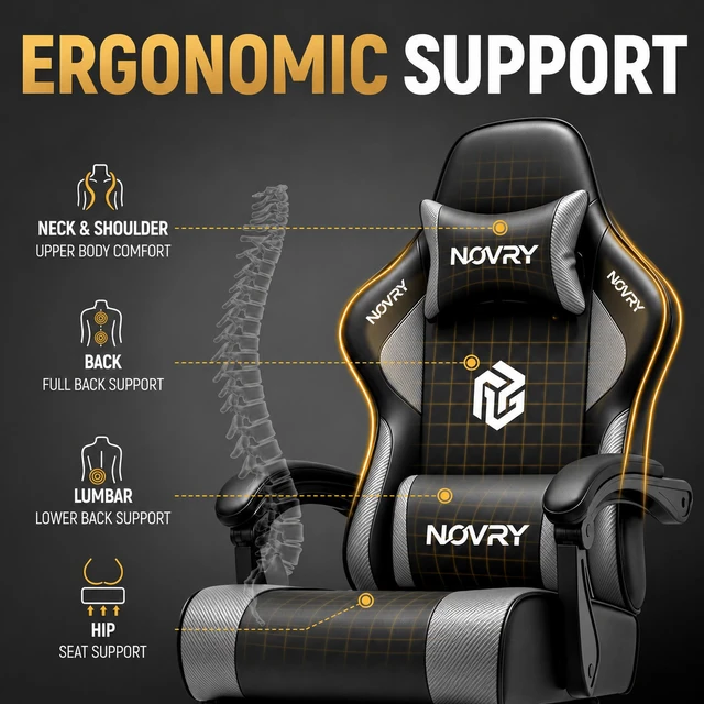 Alt view image 4 of 7 - Gaming Chair for Adults with Footrest,Upgraded Ergonomic Chair,Arctic Black 21-Inch Wide Seat, 330 lb Heavy Duty Load Capacity, Headrest, Adjustable Height, Reclining Backrest for Office or Gaming