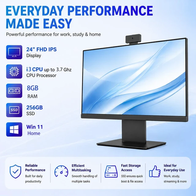 Alt view image 2 of 7 - 24" All-in-One Desktop Computer, i3 CPU, 8GB RAM 256GB SSD, AIO FHD Monitor, HD Privacy Protection Webcam, WiFi 6 + BT 5.3, Win 11 Home