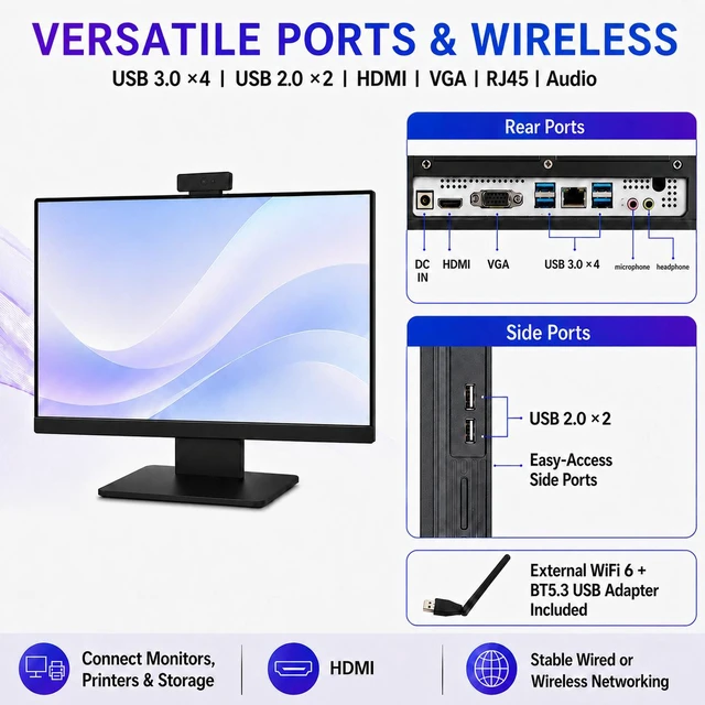 Alt view image 7 of 7 - 27" All-in-One Desktop Computer, i5 CPU Up to 3.4 GHz, 16GB RAM, 512GB SSD Win 11 Home, External WiFi 6 + BT Adapter, Detachable Webcam, Wired Keyboard and Mouse, AIO PC for Home Office