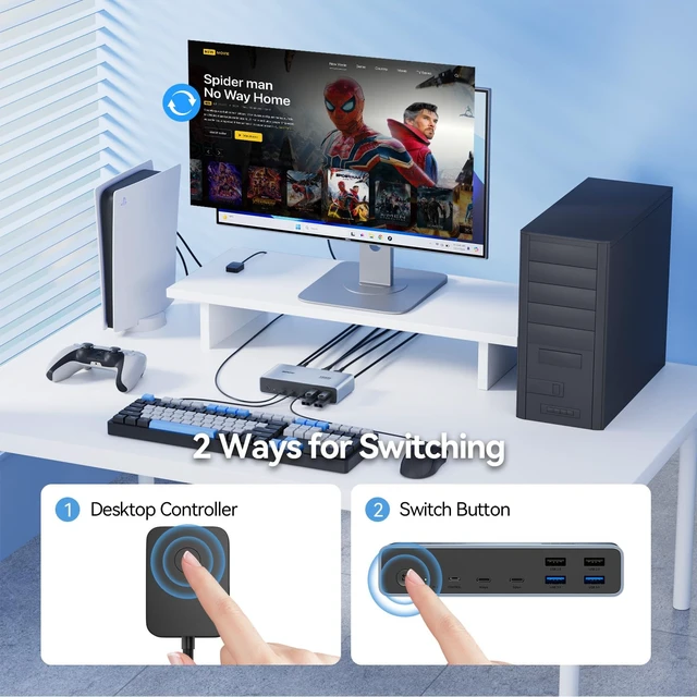 Alt view image 7 of 7 - BENFEI HDMI KVM Switch 2 Monitors 2 Computers 4K@60Hz, with 2XUSB-C & 2XUSB 3.0 & 3XUSB 2.0 for Keyboard Mouse Printer Webcam, with Desktop Controller