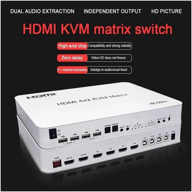 Alt view image 4 of 6 - 4x2 HDMI KVM Switch Matrix 4K@60Hz, 4 in 2 Out Dual Monitor Extended Display, USB 2.0, Optical + 3.5mm Audio, LPCM Dolby DTS, IR Remote + Hotkey, for 4 PC 2 Monitor