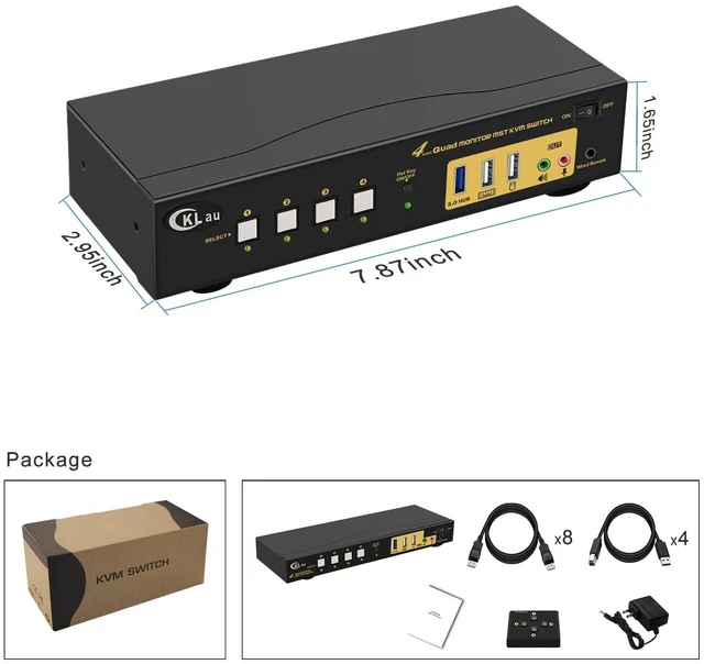 Alt view image 6 of 6 - Quad Monitor Displayport KVM Switch MST, 2 DP in 4 DP Out, 4K60Hz 2K@144Hz 2 Computers 4 Monitors Switcher with Cables, Audio, Microphone and USB 3.0 Hub Supports Hot Key Switching