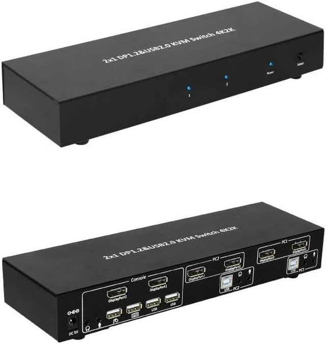 Main image of 2x1 DP Display Port 1.2 & USB 2.0 KVM Switch Metal Housing w/USB Keyboard, Mouse, Audio & Microphone Port w/Power Adapter - Black (61019)