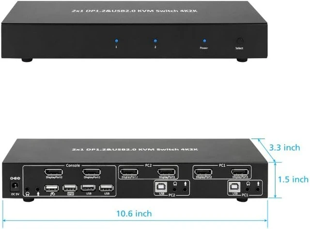 Alt view image 2 of 5 - 2x1 DP Display Port 1.2 & USB 2.0 KVM Switch Metal Housing w/USB Keyboard, Mouse, Audio & Microphone Port w/Power Adapter - Black (61019)