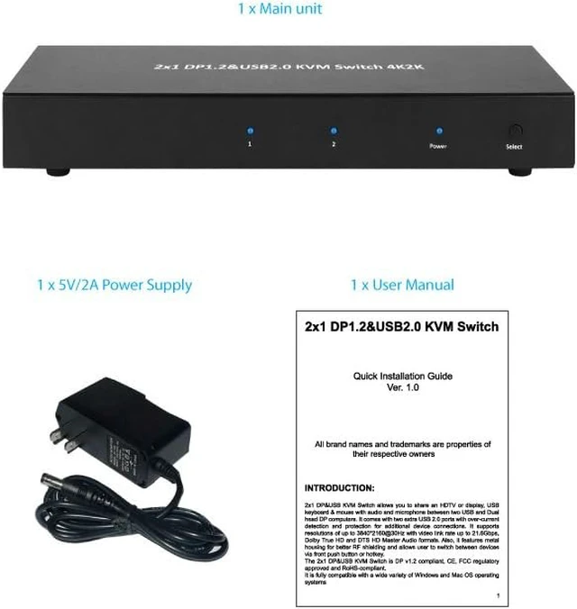 Alt view image 4 of 5 - 2x1 DP Display Port 1.2 & USB 2.0 KVM Switch Metal Housing w/USB Keyboard, Mouse, Audio & Microphone Port w/Power Adapter - Black (61019)