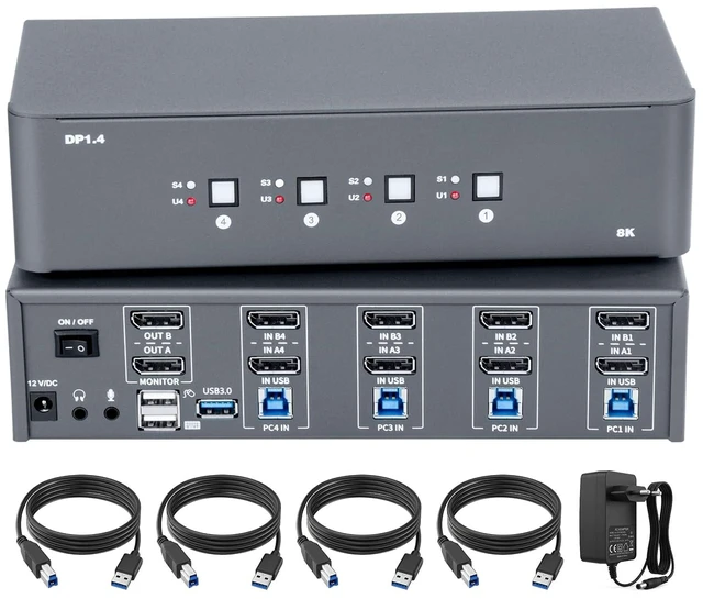 Main image of KVM Switch 2 Monitors 4 Computers, 8k Displayport Switch with USB 3.0, Jack, 4 Computers Share a Set of Keyboard, Mouse, Support Windows/Mac/Linux (Dual Monitor)