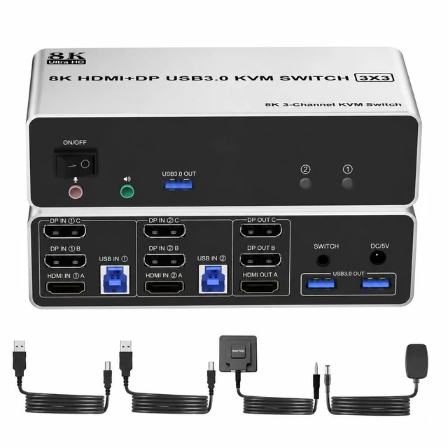 Main image of KVM Switch 3 Monitors 2 Computers 8K@60Hz, HDMI + 2 DisplayPort Triple Monitor KVM, 3 USB 3.0, Audio Mic, Wired Remote, for 2 PC Share Keyboard Mouse 3 Screens