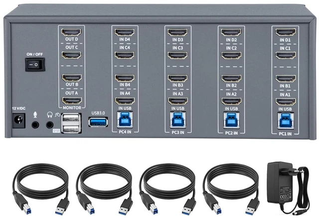 Main image of KVM Switch 4 Monitors 4 Computers,HDMI 4k@60Hz KVM Switch with 4 USB 3.0 Port and 3.5mm Audio,4 Computers Share One Set of Leyboard, Mouse and Monitors,Supports Windows/Mac/Linux, Plug-and-Play