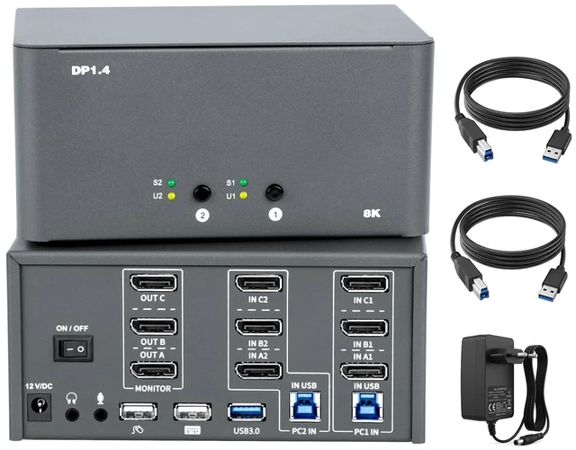 Main image of KVM Switch 3 Monitors 2 Computers, 8k Displayport Switch with USB 3.0, Jack, 2 Computers Share a Set of Keyboard, Mouse, Support Windows/Mac/Linux (Triple Monitor)