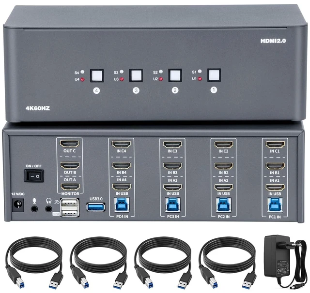 Main image of KVM Switch 3 Monitors 4 Computers,HDMI 4k@60Hz KVM Switch with 4 USB 3.0 Port and 3.5mm Audio,2 Computers Share One Set of Leyboard, Mouse and 1 Monitors,Supports Windows/Mac/Linux, Plug-and-Play