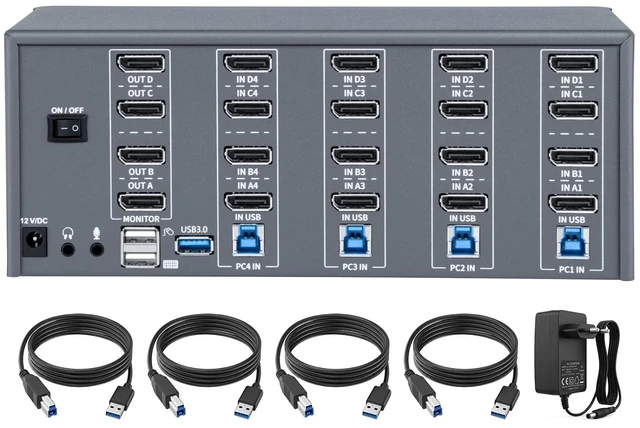 Main image of KVM Switch 4 Monitors 4 Computers, 8k Displayport Switch with USB 3.0, Jack, 4 Computers Share a Set of Keyboard, Mouse, Support Windows/Mac/Linux (Quad Monitor)