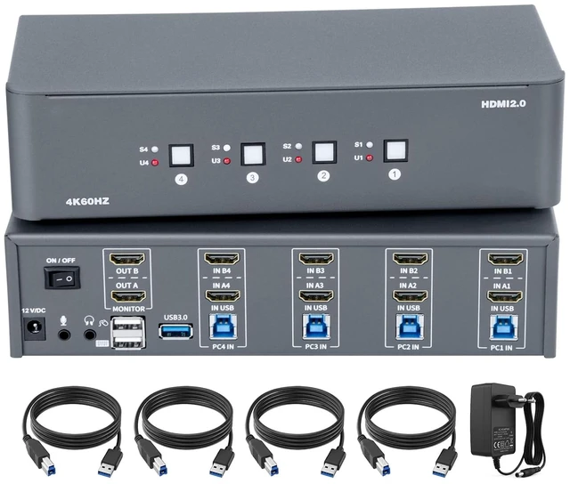 Main image of KVM Switch 2 Monitors 4 Computers,HDMI 4k@60Hz KVM Switch with 4 USB 3.0 Port and 3.5mm Audio,4 Computers Share One Set of Leyboard, Mouse and Monitors,Supports Windows/Mac/Linux, Plug-and-Play