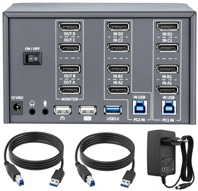 Main image of KVM Switch 4 Monitors 2 Computers, 8k Displayport Switch with USB 3.0, Jack, 4 Computers Share a Set of Keyboard, Mouse, Support Windows/Mac/Linux (Quad Monitor)