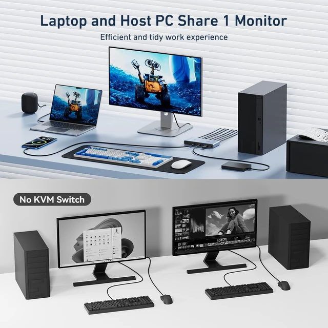 Alt view image 3 of 7 - BENFEI USB-C+HDMI KVM Switch 1 Monitor 2 Computers 4K@60Hz, with 100W PD in & 18W PD Out, 2XUSB-C & 2XUSB 3.0 & 3XUSB 2.0 for Keyboard Mouse Printer Webcam, with Desktop Controller