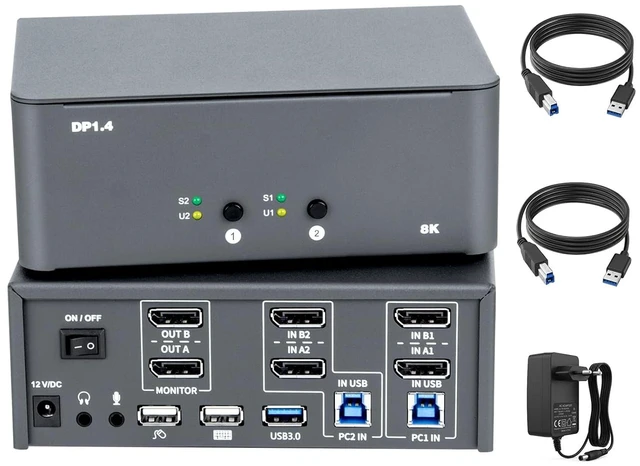 Main image of KVM Switch 2 Monitors 2 Computers, 8k Displayport Switch with USB 3.0, Jack, 2 Computers Share a Set of Keyboard, Mouse, Support Windows/Mac/Linux (Dual Monitor)