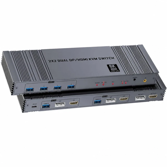 Main image of 8K@60Hz Dual Monitor KVM Switch 2 Computers 2 Monitors, HDMI 2.1 & DisplayPort 1.4, 4K@120Hz, 4 USB 3.0 Ports, Extended/Copy Mode, IR Remote, Plug & Play